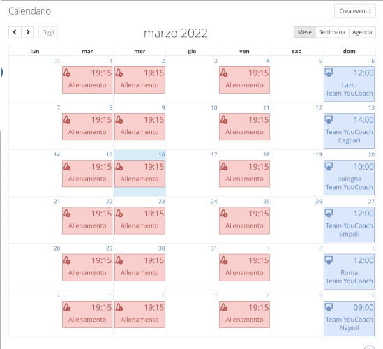 Calendario youcoachapp allenamenti e partite