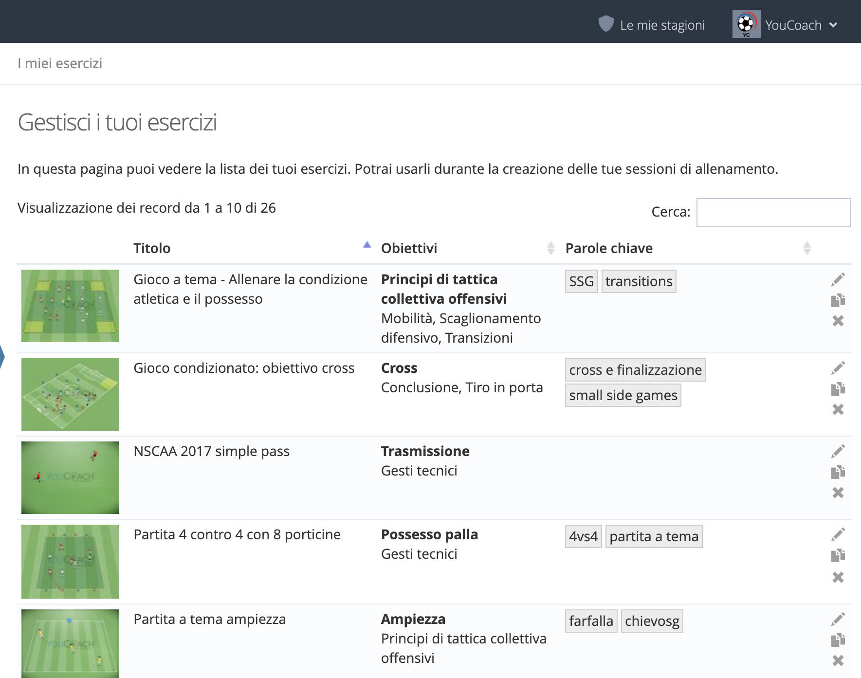 Database di esercizi online su YouCoachApp